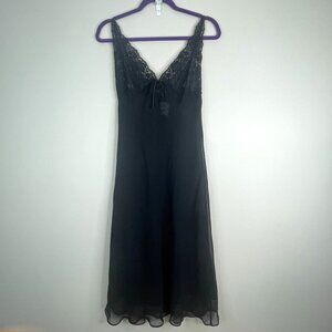 Vintage Babydoll Lace Top Nightgown Medium Black Sheer Midi Spaghetti Strap